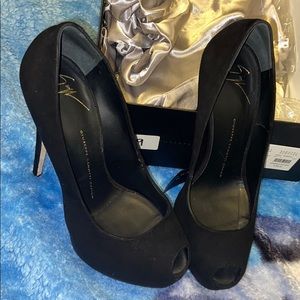 Black suede peep toe pumps